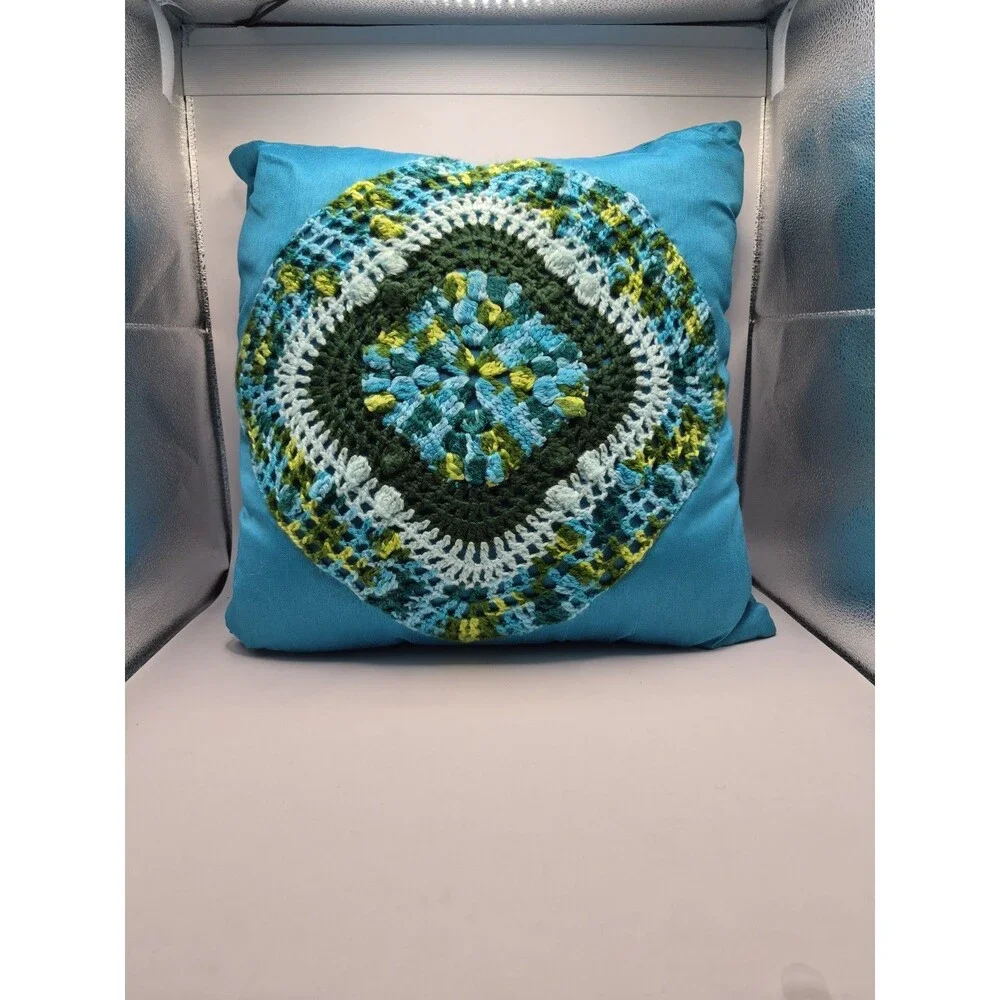 Crochet Granny Square Floral Boho Mandala Pillow Teal Green Yellow 16